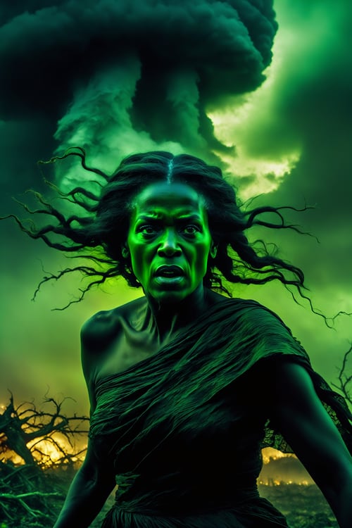 A black elder druid woman, surrounded by an epic dramatic catastrophic image of a tornado of desperate souls, all in furious motion. Bathed in soft acid green light, the scene exudes an austere atmosphere. The woman, the focal point of the portrait, is ultra-detailed and exhibits a realistic, photorealistic depiction with the best quality, 4k, 8k, highres, and masterpiece level of detail. The image captures the essence of darkness and mysteriousness, with a touch of HDR for added depth and vibrancy. The landscape around her is apocalyptic, creating a surreal and emotionally charged atmosphere. The composition of the scene is suspenseful and eerie, leaving viewers with a sense of curiosity and foreboding. The lighting brings out the intricate details and creates a visually striking and immersive experience.