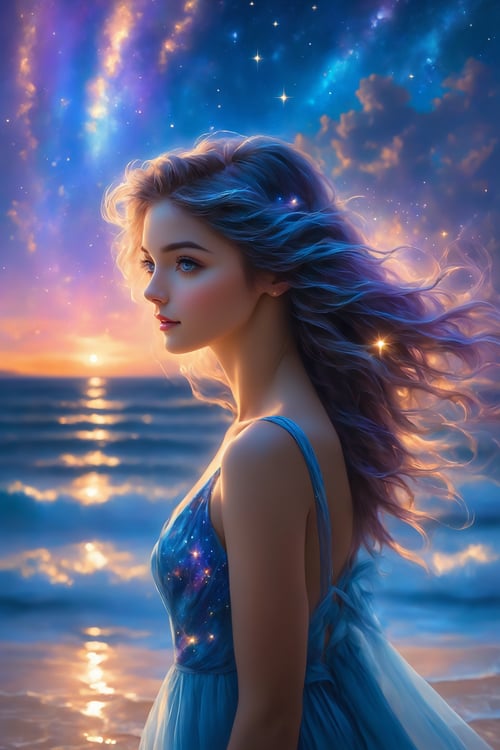 (best quality,4k,8k,highres,masterpiece:1.2),ultra-detailed,(realistic,photorealistic,photo-realistic:1.37),1girl,gorgeous,detailed eyes,delicate features,long eyelashes,beautiful lips,wavy blue hair flowing in the wind,wearing a flowing light blue dress that matches the color of the sky,standing barefoot in the shallow transparent waters of the sea,gazing up at the mesmerizing night sky above,face illuminated by the twinkling stars and the ethereal glow of the galaxy,pure and serene expression on her perfect face,the sea reflects the colors of the stars and the galaxy,creating a stunningly surreal and dreamy atmosphere,twilight colors gently caressing the horizon,meteors shooting across the sky,adding a touch of magic and wonder to the scene,vivid colors and sharp focus bring every detail to life,as if the girl and the scenery are part of an otherworldly painting,painting looks like it's made with a combination of delicate brushstrokes and digital rendering,creating a unique medium that blurs the line between traditional and digital art,lighting is soft and diffused,casting a warm and ethereal glow over the entire scene,bringing out the subtle textures and shades in the girl's dress and hair,the overall color tone is cool and calm,with shades of blues and purples dominating the scene,adding to the mystical and enchanting ambiance of the artwork.