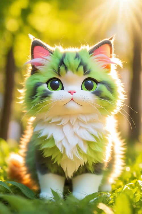 A cute cat,fluffy fur,adorable active eyes,playful paws,cosy sleeping spot,soft whiskers,beautiful patterned coat,bright and expressive eyes,curious and playful nature,smooth and sleek body,graceful and agile movements,[cat toys],[green garden background],[colorful sunlight filtering through the trees],[vibrant and cheerful atmosphere],(best quality,ultra-detailed),[soft lighting],realistic colors, [bokeh]