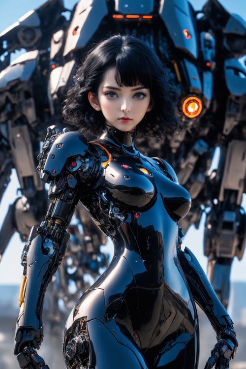 (best quality:1.2,4k,8k,highres,masterpiece:1.2),1girl,genshinmona,beautiful detailed eyes,beautiful detailed lips,black hair,bodysuit,full body,mechanical arms,medium breasts,science fiction,solo,standing,simple background