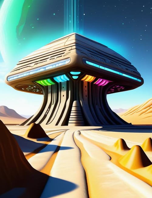 (masterpiece:1.2), ((digital art,realistic)), (hyper detailed),DonMS4ndW0rldXL, made of sand or sandstone, Extraterrestrial Federation Embassy, Travertine stone,Quantum Computing Building Brains, Starlight, Neon Lights, scifi,<lora:DonMS4ndW0rldXL-000008:0.8>