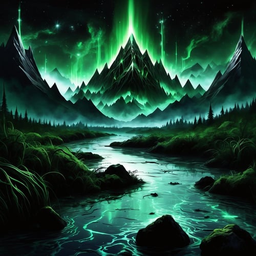 ((best quality)), ((masterpiece)), ((realistic,digital art)), (hyper detailed),DonMD34thM4g1cXL, magical,eerie, Mountains Twinkling Stars,Swamp Gas,Regeneration, <lora:DonMD34thM4g1cXL_v3.0-000015:0.85>