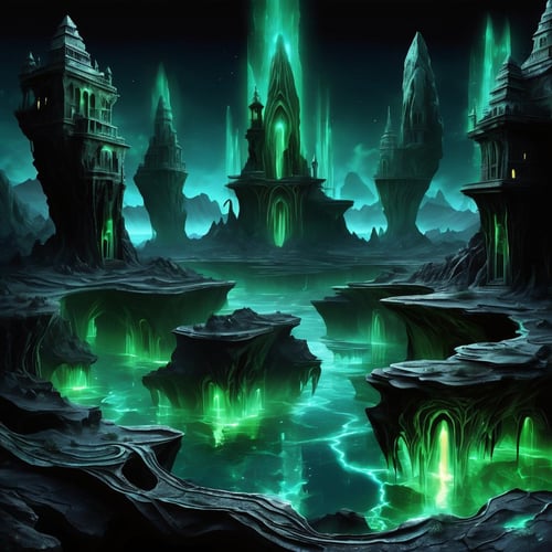 ((best quality)), ((masterpiece)), ((realistic,digital art)), (hyper detailed),DonMD34thM4g1cXL, magical,, Town Geological Formation,Shallow Water,Bioluminescence, <lora:DonMD34thM4g1cXL_v3.0-000015:0.85>