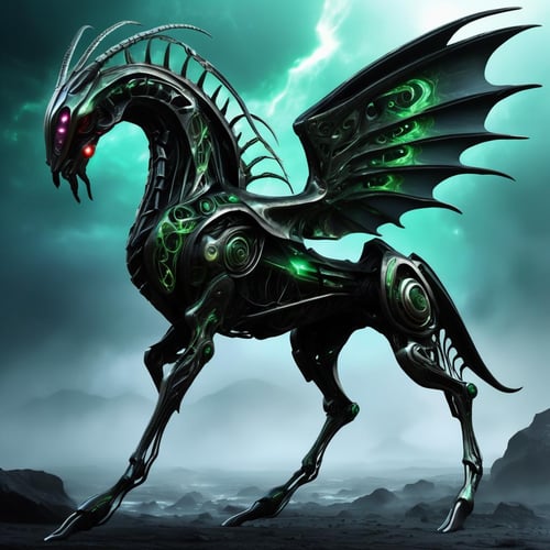 ((best quality)), ((masterpiece)), ((realistic,digital art)), (hyper detailed),DonMD34thM4g1cXL, magical,eerie, Small Mysterious Cyborg Alien Equine, Octopod Decamanual, Flippers, Tailless, Prehensile-Tailed, Metallic Skin,  Wyvern Wings,, <lora:DonMD34thM4g1cXL_v3.0-000015:0.85>
