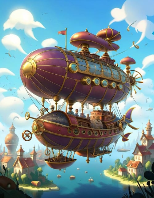 Steampunk Airship: Brass gears, billowing steam, propellers spinning, eccentric inventors, floating over cities., sharp focus, particles, detailed, sub surface scattering, (Auburn ambient light:1.1) <lora:MODILL_XL_0.27_RC:1>
