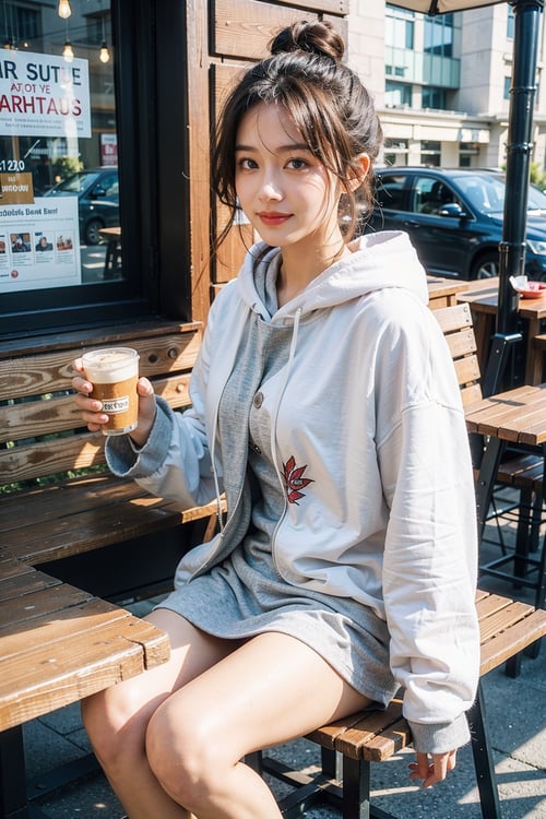 NSFW,  best quality, masterpiece, (photorealistic:1.4), 1girl, hairbun, long_sleeve, hoodie, coat, cold, scarf, skirts,outdoor, cafe, (happy:0.88), realistic