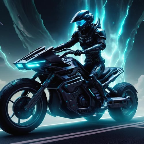 abyssaltech aesthetics,  scifi rider on a moto vehicule,  from a scifi futuristic abyssaltech world,  dissolving,  abyss,  volumetric lighting, <lora:EMS-79508-EMS:0.800000>