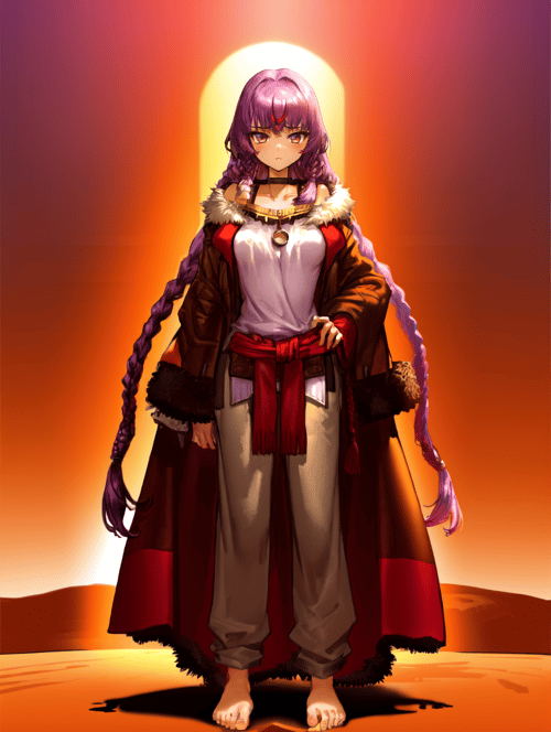 1girl solo standing dry empty-desert sand-dunes mysterious-aura endless-horizon cactus golden-hour-lighting dusty-atmosphere fur-trim-shirt fur-coat chocolate-pants-rolled-up barefoot indian-red-hair very-long-hair multiple-braids Light-Purple-Hair White-Eyes <lora:Shirow_Masamune_Style-000016:0.9>