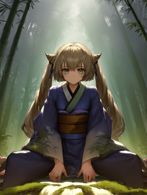 1girl solo lightslate-gray-short-kimono spread-legs v-arms bamboo-forest <lora:Shirow_Masamune_Style-000016:0.9>