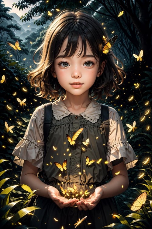 natural lighting, soft lighting, sunlight, HDR (High Dynamic Range), Maximum Clarity And Sharpness, Multi-Layered Textures,  <lora:fireflies_v1:1> fireflies,children,perfect detail hands,perfect detail fingers,happy,