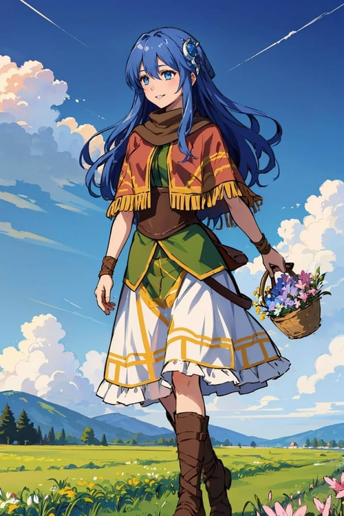 masterpiece, best quality, ysTia, hair ornament, capelet, brown scarf, dress, boots, standing, basket of flowers, field, flowers, spring, walking, blue sky, clouds, smile <lora:ysTia-nvwls-v1-000010:0.9>