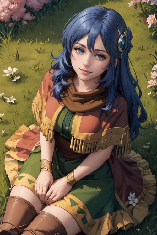 masterpiece, best quality, ysTia, hair ornament, capelet, brown scarf, dress, boots, sitting on ground, grass, flower patch, looking up, from above, looking at viewer, smile, wreath of flowers <lora:ysTia-nvwls-v1-000010:0.9>