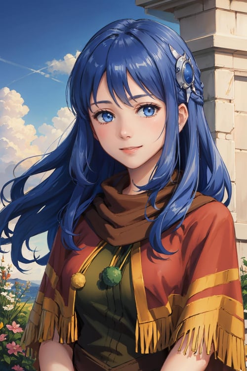masterpiece, best quality, ysTia, hair ornament, capelet, brown scarf, dress, upper body, looking at viewer, smile, sky, clouds, garden <lora:ysTia-nvwls-v1-000010:0.9>
