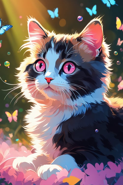 shadow flat vector art, (cute,colorful,cat,vector illustration,portrait),(best quality,4k,highres,masterpiece:1.2),ultra-detailed,vivid colors,bokeh,light painting,soft lighting,Playful expression,lovely whiskers,tiny pink nose,round expressive eyes,fluffy fur,playful posture,colorful background,toy butterflies,floating bubbles