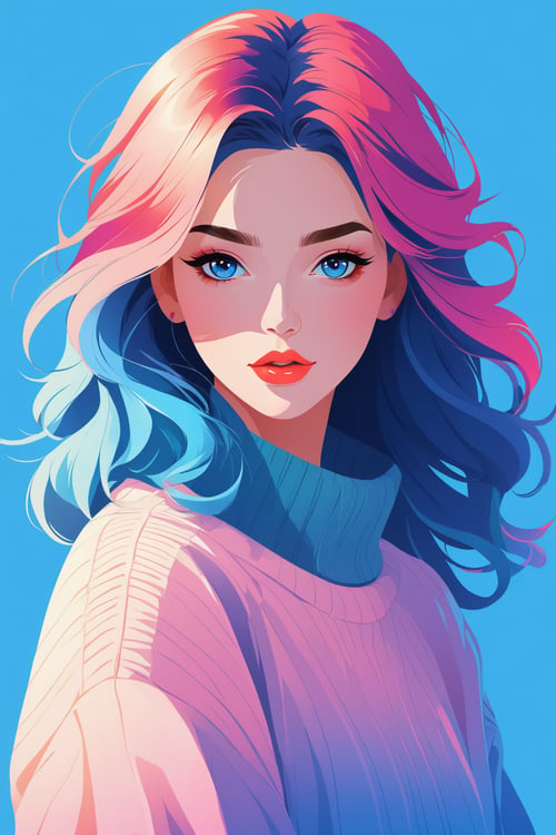 shadow flat vector art, illustrator, anime , realistic ,sketch , 1girl, ,lip, Sweater,order, Blue gradient background, Neon hair,Textured crop