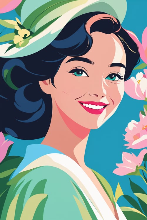 shadow flat vector art, masterpiece, 8k, highest quality, woman wearing qingfashion, portrait, sweet smile, spring flowers, blue green and pink