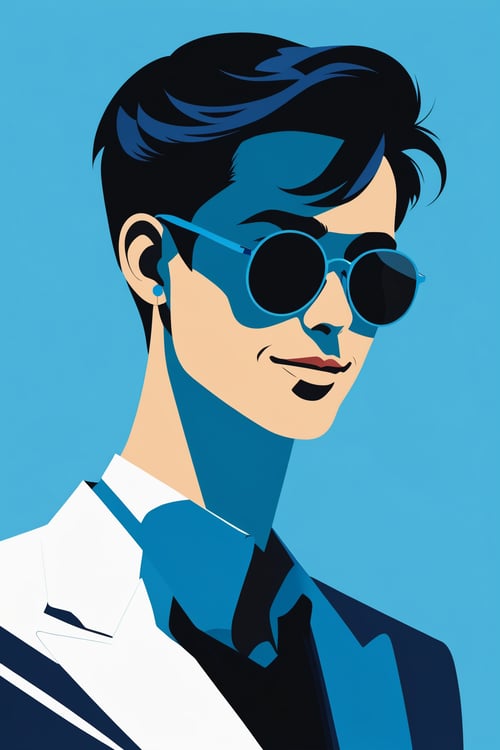 shadow flat vector art, 1man, male focus, solo, sunglasses, earrings, smile, short hair, blue background, black hair