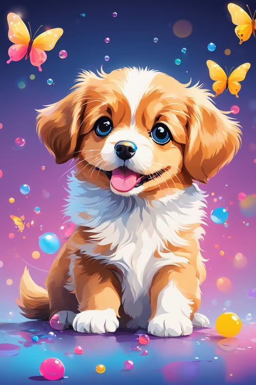 shadow flat vector art, (cute,colorful,dog,vector illustration,portrait),(best quality,4k,highres,masterpiece:1.2),ultra-detailed,vivid colors,bokeh,light painting,soft lighting,Playful expression,lovely whiskers,tiny pink nose,round expressive eyes,fluffy fur,playful posture,colorful background,toy butterflies,floating bubbles