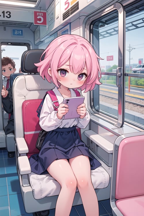 (masterpiece), 1girl, pink hair, train interior
