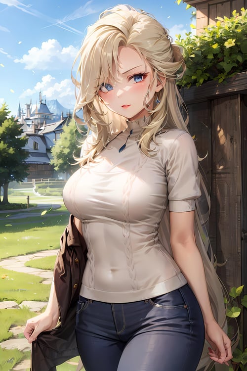 (masterpiece:1.2, best quality), (finely detailed beautiful eyes: 1.2), (extremely detailed CG unity 8k wallpaper, masterpiece, best quality, ultra-detailed),  signora \\(genshin impact\\) , large breasts, long hair, mature female, sweater, shirt ,pants, casual clothes, short sleeves, High contrast, (best illumination, an extremely delicate and beautiful),1girl,(simple backround, grass hill outdoors,  front on),  looking at viewer,beautiful detailed glow, (beautiful detailed face, beautiful detailed eyes)