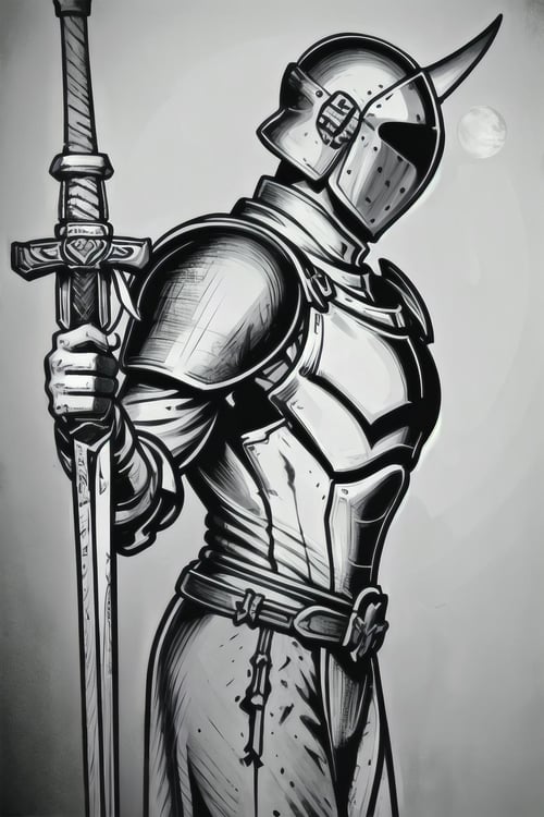 (masterpiece, best quality), BlackworkStyleManityro, <lora:BlackworkStyle_V1-Manityro-AdamW:1.0>, greyscale, monochrome, 1boy, knight armor, helmet, from side, moon, castle, holding sword