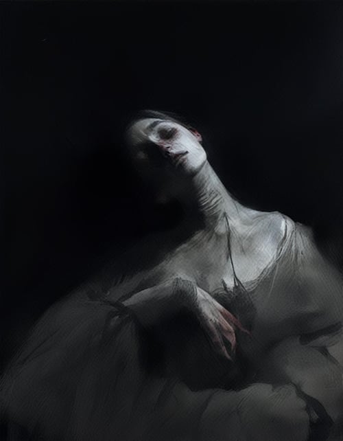 painting of a agonized madame bovary after consuming poison , body laid out on ground dramatically ,  victorian era clothing, gothic terror,   smeared dream like black background,   in the style of nicola samori <lora:NicolaSamori(1):1.2>