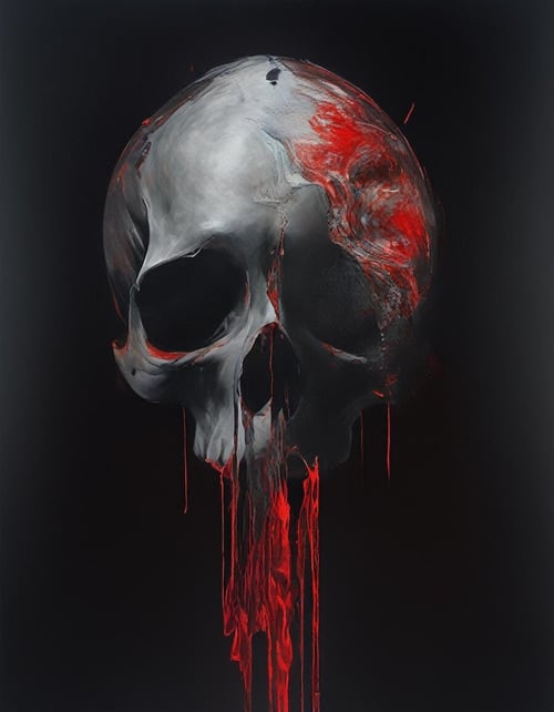 painting of a giant skull with a woman's fleshy  mouth bright red bloody lips, dripping lipstick (plump lips:1.2) , surreal dark black background of parallax space between distorted waves and line drawings , separation of colors,  in the style of nicola samori <lora:NicolaSamori(1):1.2>