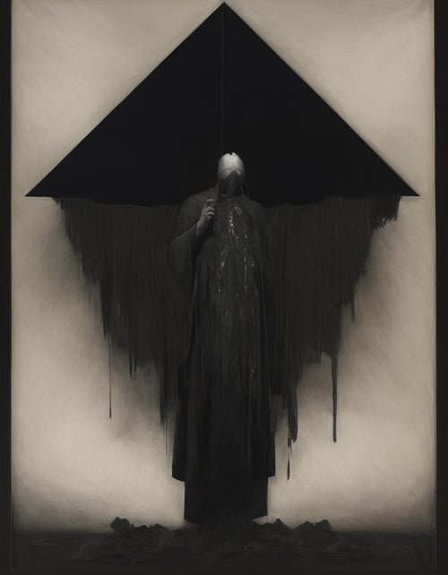 painting of a ominous prismatic diamond shaped contraption with bundles of wires attached to extracting praying monks , machine claws, descending to below, dark black paint  vibe,   in the style of nicola samori <lora:NicolaSamori(1):1.2>