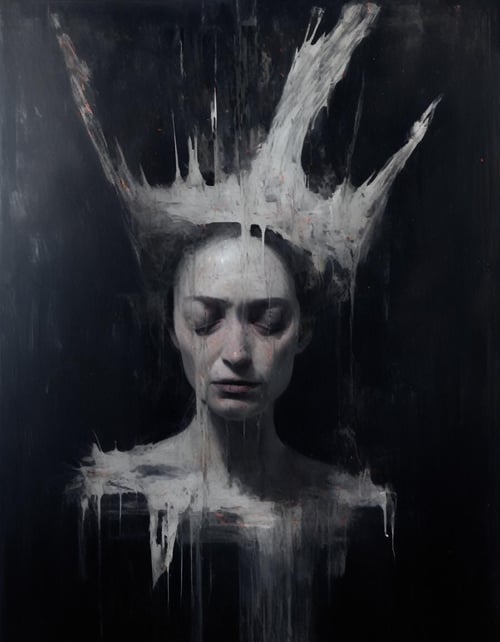 painting of a queen in agony, pale white skin dripping off into space , in a decrepit throne room, wave distortions, glitched , split screen , scraping canvas, deformed face, ,  impressionist, dark vibe,  <lora:NicolaSamori:1.2>  in the style of nicola samori