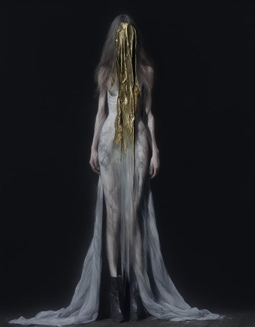 painting of a very skinny woman wearing long sleek dress with leather thigh high strapped boots , , long hair cut, posing, lipstick plump lips , surreal dark smeared background, black and gold mutations tears in fabric , separation of colors, in the style of nicola samori <lora:punk1:1> <lora:NicolaSamori(1):1.2>, glow effects, godrays, Hand drawn, render, 8k, octane render, cinema 4d, blender, dark, atmospheric 4k ultra detailed, cinematic sensual, Sharp focus, humorous illustration, big depth of field, Masterpiece, colors, 3d octane render, 4k, concept art, trending on artstation, hyperrealistic, Vivid colors, extremely detailed CG unity 8k wallpaper, trending on ArtStation, trending on CGSociety, Intricate, High Detail, dramatic, absurdes, a realistic baroque bedroom, white canopy over bed, white drapes, damask patterns, intricate details,    in the style of Vittorio Matteo Corcos