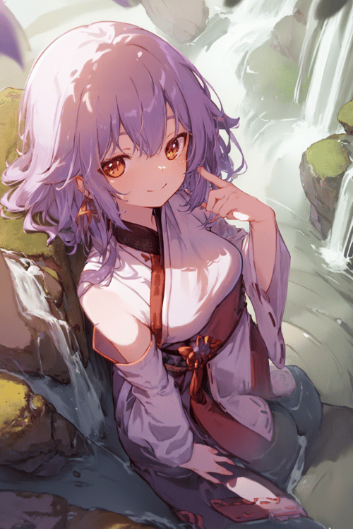 1girl solo waterfall rocks moss evening misty serene scenic orange-nontraditional-miko smile closed-mouth looking-at-viewer Light-Purple-Hair Orange-Eyes <lora:MitsuArt_Style-000010:1.0> mitsu-\(mitsu-art\) from-above