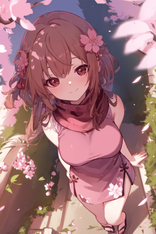 1girl solo sakura-trees pink-flowers blooming serene cherry-blossom-season peaceful asian-influence garden tunnel walkway sunshine dreamy dark-green-china-dress scarf smile closed-mouth looking-at-viewer Light-Brown-Hair Red-Eyes <lora:MitsuArt_Style-000010:1.0> mitsu-\(mitsu-art\) from-above