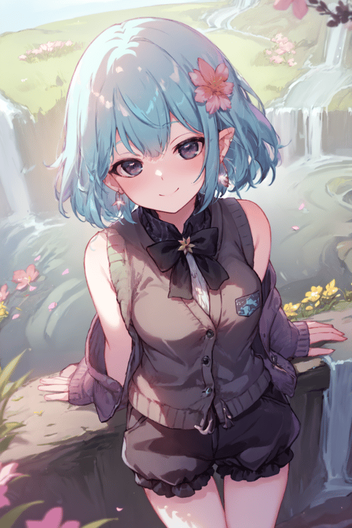 1girl solo waterfall meadow flowers morning clear peaceful picturesque cardigan-vest see-through bloomers hoop-earrings tabi smile closed-mouth looking-at-viewer Aqua-Hair Black-Eyes <lora:MitsuArt_Style-000010:1.0> mitsu-\(mitsu-art\) from-above