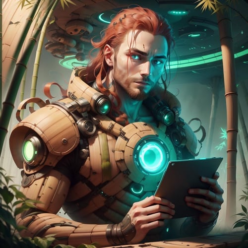 <lora:BambooTech-20:1>, bambootech , scifi, bamboo, fibers , scroll, 1boy,long hair, red hair, glowing eyes, closed mouth, holding scroll,shaved beard, outdoors, 
