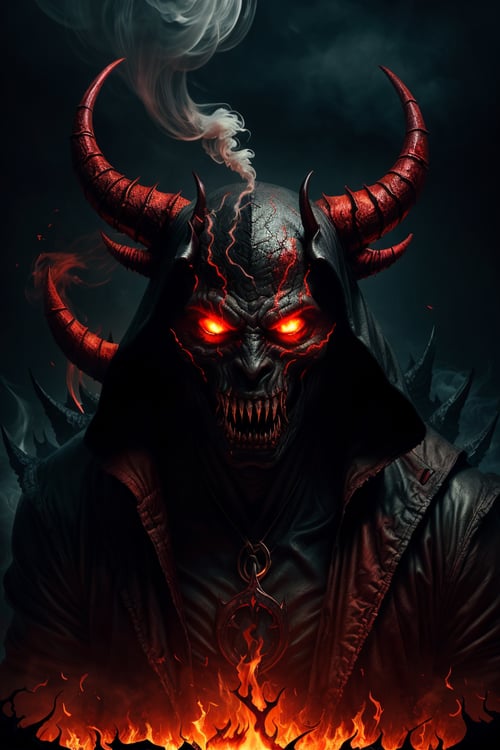 (best quality,highres,ultra-detailed:1.2),photorealistic,horrifying red-skinned male demon king,wide spread bat-like wings,long curved horns,menacing stare,sharp teeth,smoke rising from nostrils,sinister atmosphere,dark background,ominous shadows,dramatic lighting,evil,devilish,diabolic,nightmarish,diablo-inspired portrait,colorful palette,fiery red and black tones,crimson,ominous red glow,lava-like textures,surreal,ethereal,vivid,demonic power