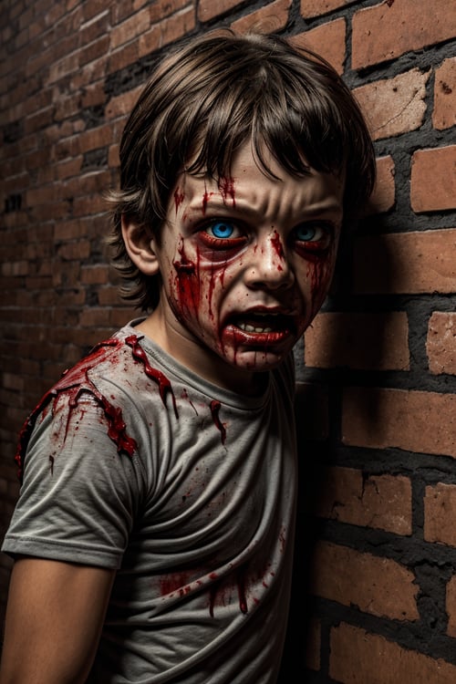 1boy, scarry eyes, bloody, horror (theme), masterpiece, high quality, realistic, detailed, 8k, ,(blood splatter:0.6), realistic, high quality, absurdres, best quality, emerging from bloody, damaged brick wall
