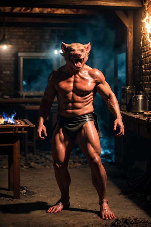 ((best quality)), ((masterpiece)), ((ultra realistic)), ((night)), (dynamic action pose), full body, RAW, Analog, intricately detailed moist pig headed humanoid male monster wearing a loin cloth, fat body, flabby, ((bald)), (leather armor)) sweaty, sharp teeth, (((snarling))), cavernous eyes, ((in a burning tavern)), (diffuse smoke), ((destruction)), professional, masterpiece, cinematic lighting, photographed on a Canon EOS R5, 50mm lens, F/2.8, HDR, 8k resolution, highres, high detail, sharp focus, smooth, roughness, real life, photorealism, photography,cinematic Film still from (cannibal holocaust:0.3)|Scary Stories To Tell In the Dark|(doom:0.5)|the void
