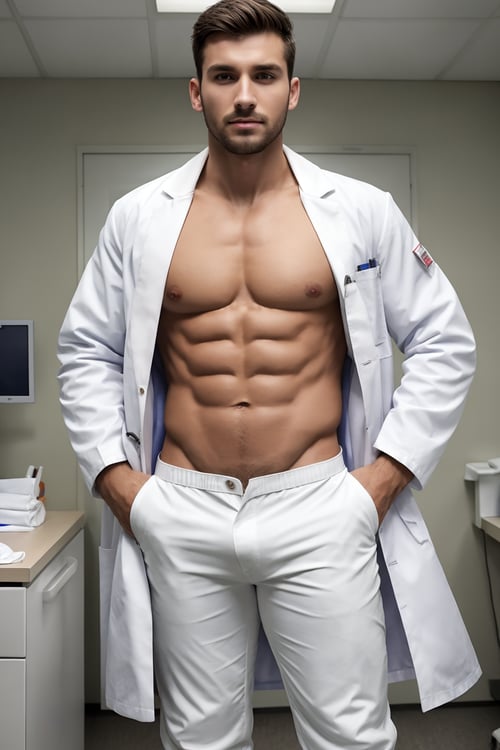 (masterpiece), man, 30yo, abs, open Doctor's white coat, white pants, doctor, large bulging crotch, standing in a doctor room, 8k uhd