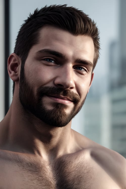 (sharp focus:1.2), portrait of (a smirks bara slim 30yo man), beard, looking at viewer, close, high details, perfect face, (ultrarealistic), best quality, (masterpiece), raytracing