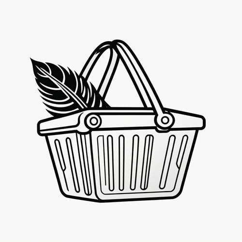 (black and white,shopping basket,logo design,simple color background),(best quality,4k,8k,highres,masterpiece:1.2),ultra-detailed,pen and ink drawing,sharp contrast,vintage,retro,scanned texture,precise linework,classic,crisp details,elegant composition,highly-detailed feathers,expressive eyes,dynamic pose,pure simplicity,limited color palette,pop art,eye-catching design,distinct visual identity,iconic symbolism,timeless aesthetic,bold lines,striking visual impact,memorable silhouette
