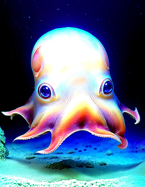 Close-up, Dumbo octopus, deep-sea environment, large expressive eyes, bioluminescent creatures and plants, soft ethereal glow, dreamlike atmosphere,hyperrealistic, dumbo_oktopus, A close-up of a Dumbo octopus in a deep-sea environment, its large, expressive eyes capturing a sense of wonder. Around it, bioluminescent creatures and plants emit a soft, ethereal glow, creating a dreamlike atmosphere.
