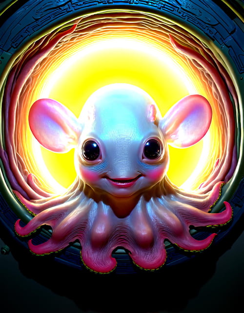 beautyfull she alien creature, half (human:1.35) (face:1.25) half dumbo_oktopus, in a spacestation,hyperrealistic, dumbo_oktopus,she alien creature, half human half dumbo_oktopus, in a spacestation, bioluminescent creatures and plants emit a soft, ethereal glow, creating a dreamlike atmosphere.