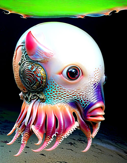 Close up portrait,beautyfull grotesque (she:1.25) half (humanoid:1.25) human (cyborg:1.15) (c1bo:1.05) half (Dumbo octopus:0.9) (face:1.25),tentacle helmet, mouth, eye, fish skin, ,hyperrealistic, dumbo_oktopus,Close up portrait,(she:1.25) half( humanoid:1.1) (cyborg:1.15) c1bo half Dumbo octopus Dumbo octopus near the ocean floor, where it blends eerily with its surroundings, algae-covered statue with empty eye sockets, in a forgotten underwater city.