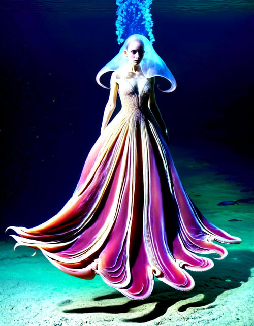 underwater fashion photoshoot, dumbo octopus, avant-garde gown, translucent fabric, intertwining tentacles, Art Deco geometric patterns, ethereal lighting, dreamlike ambiance,hyperrealistic, dumbo_oktopus,Imagine a surreal fashion photoshoot set underwater, where a model is elegantly dressed in a flowing, avant-garde outfit inspired by the whimsical charm of a dumbo octopus. The octopus, with its distinct, ear-like fins and vibrant, translucent body, hovers nearby, its tentacles gently intertwining with the fabric of the gown. The scene is set against a backdrop of mesmerizing geometric patterns, reminiscent of Art Deco designs, which are cast in soft, ethereal lights, creating a dreamlike ambiance.