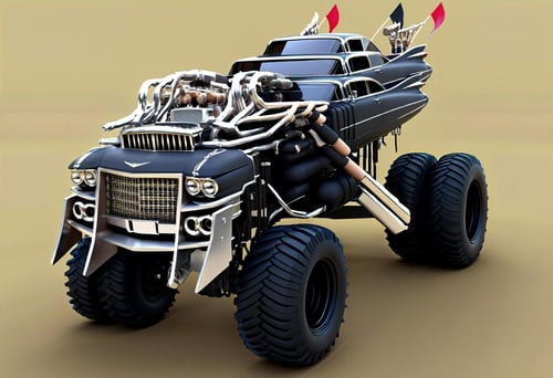 Mad Max, Gigahorse car, double-stacked Cadillac Coupe DeVilles, chrome body, giant chromed grill, dual V8 engines, post-apocalyptic aesthetic, enormous tractor tires, rugged front wheels, spikes, metal plating, exaggerated exhaust pipes, menacing appearance, desert background,hyperrealistic,The Gigahorse from the Mad Max universe is a spectacular and intimidating vehicle, embodying the raw, post-apocalyptic aesthetic of the series. It features a towering, monstrous design, primarily built from the fusion of two Cadillac Coupe DeVilles stacked atop each other. This vehicular behemoth stands out with its exaggerated, chrome-plated body, giving it a menacing and regal appearance. The front is adorned with a massive, chromed grill, evoking a sense of unstoppable power. The Gigahorse's engine is a monstrous creation, with dual V8 engines coupled together, roaring with a ferocity that echoes the desolate wasteland it traverses. Enormous tractor tires at the rear and oversized, rugged wheels at the front equip the Gigahorse to navigate through treacherous terrains with ease. Various elements like spikes, metal plating, and exhaust pipes jutting out at odd angles contribute to its fearsome, battle-ready look, making it a true icon of the Mad Max world.