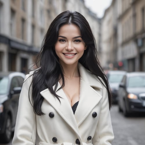 (masterpiece:1.2), (best quality:1.2), (extremely detailed:1.2), pretty face,  close shot, medium boobs, long hair, black hair, white coat, fit body, looking at viewer, smile seductively,
street, r4w photo
