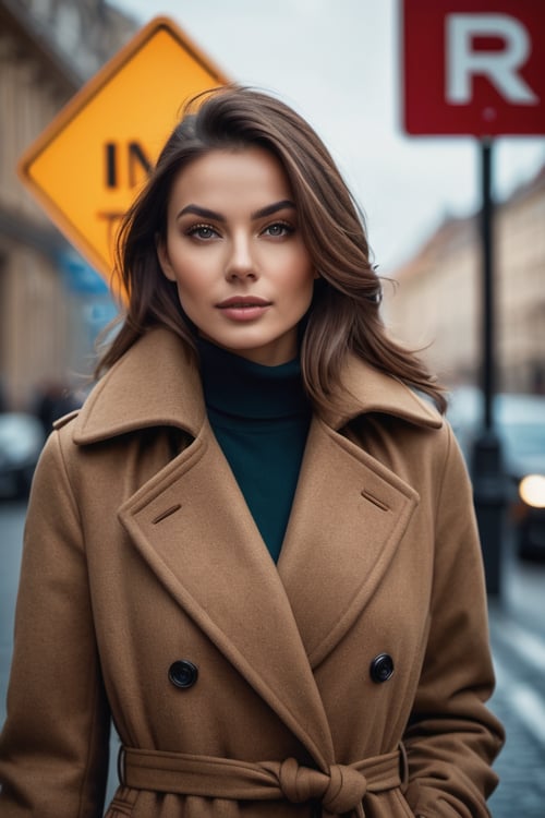 photo of beautiful woman with perfect hair, wearing Road Sign Brown (long coat:1.1),  (space:1.1), closeup portrait, (happy) modelshoot style, (extremely detailed CG unity 8k wallpaper), professional majestic photography, (Leica M6 Camera), 24mm, exposure blend, hdr, faded, extremely intricate, High (Detail:1.1), Sharp focus, dramatic, soft cinematic light, (looking at viewer), (detailed pupils), 4k textures, elegant, ((((cinematic look)))), soothing tones, insane details, hyperdetailed, low contrast, (epicPhoto),r4w photo
