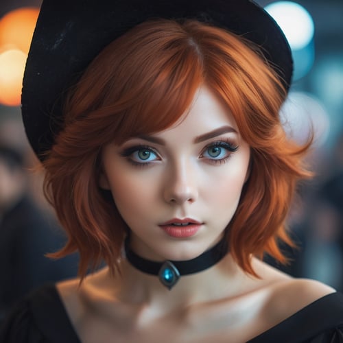 women wearing witch cosplay, vivid eyes, ginger hair, heavy makeup, looking at the viewer, convention hall, a stunning intricate full color portrait, epic character composition, by ilya kuvshinov, alessio albi, nina masic, sharp focus on eyes, natural lighting, subsurface scattering, f2, 35mm, film grain
