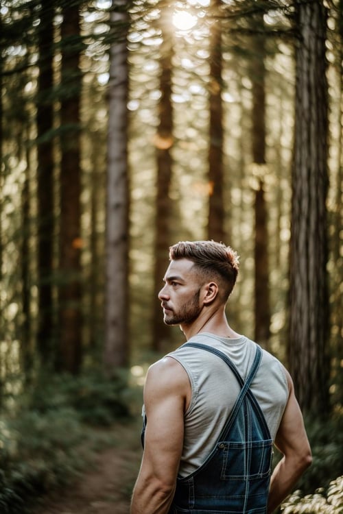 (8k, RAW photo, best quality, masterpiece), (realistic, photo-realistic), ultra-detailed, a man standing in front of forest, facing to viewer, daylight, outdoor, sunlight, flare spot, looking at viewer, cowboy shot, blue overalls, upper body, posing, closed-up, <lyco:petvzal85BokehLoHa_v1:0.7>