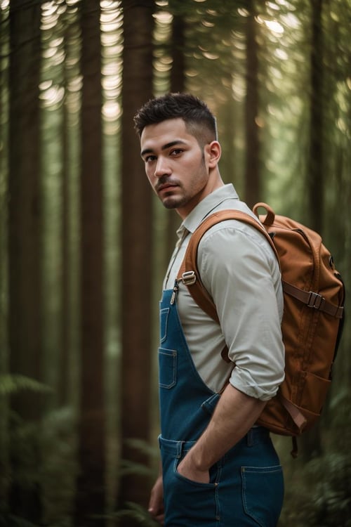 (8k, RAW photo, best quality, masterpiece), (realistic, photo-realistic), ultra-detailed, a man standing in front of forest, backpack, daylight, outdoor, sunlight, flare spot, looking at viewer, cowboy shot, blue overalls, upper body, posing, closed-up, <lyco:petvzal85BokehLoHa_v1:0.7>